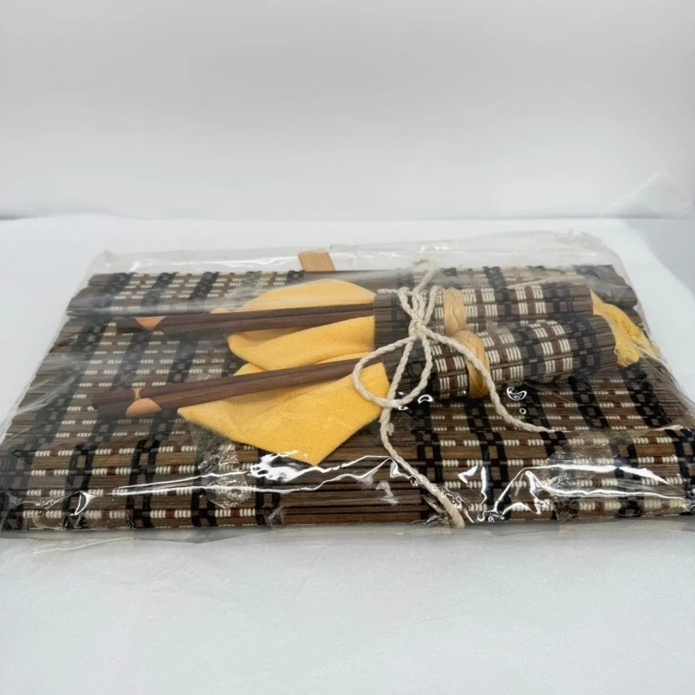Bamboo Table Runner w/ Woven Yellow‎ Napkins & Chopsticks 2 Person NEW